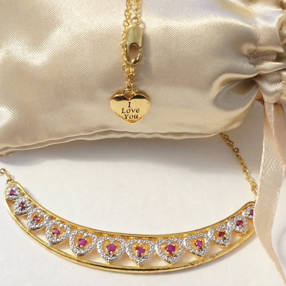 Auth Diamond and Ruby 14kt gold plated heart love you necklace Mom Love Gift